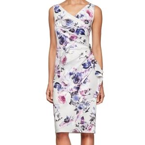 Alex Evenings Floral Wrapped Side Ruched Sleeveless Knee Length Formal Dress